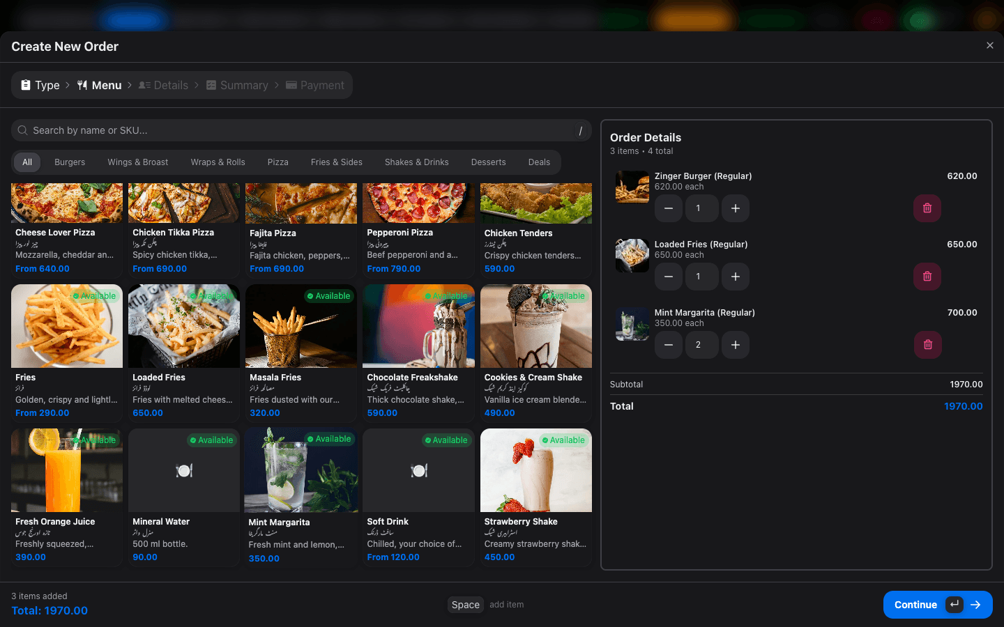 New order with the menu and cart