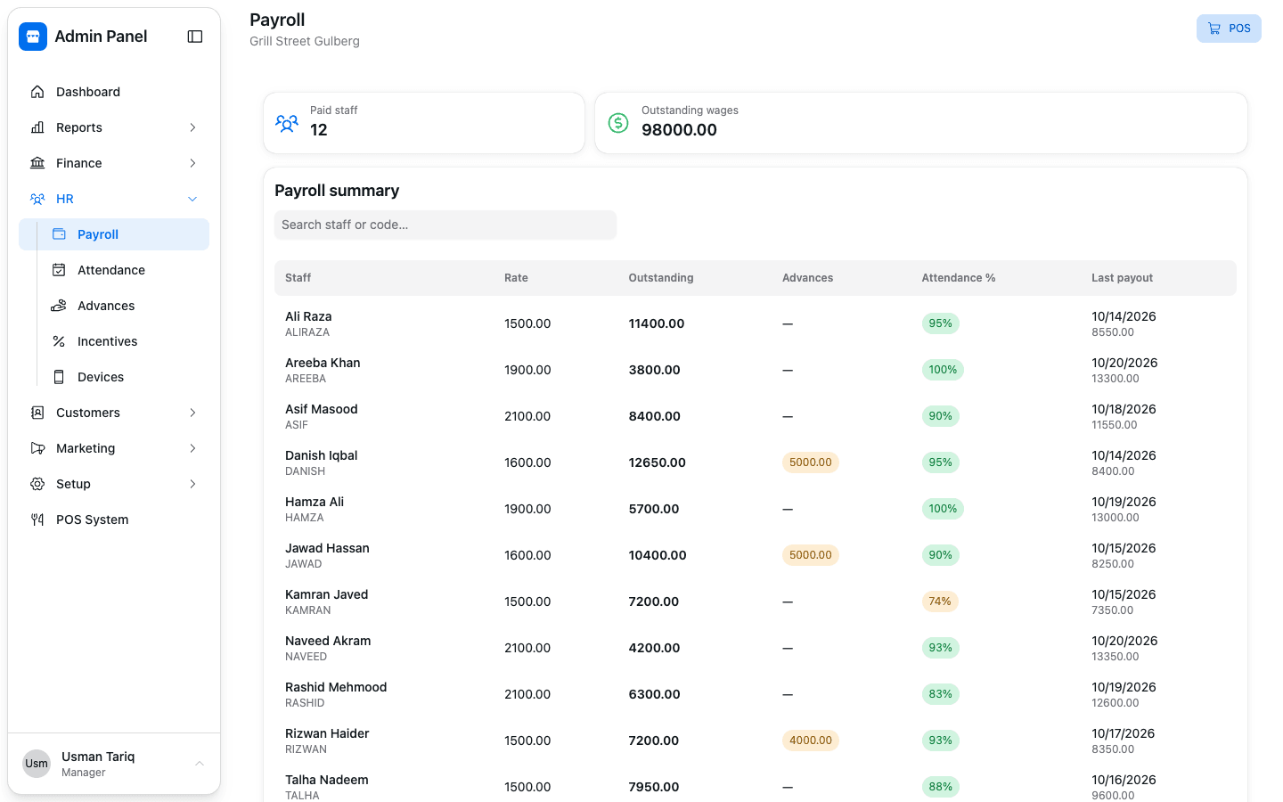Payroll: wages owed, advances and attendance